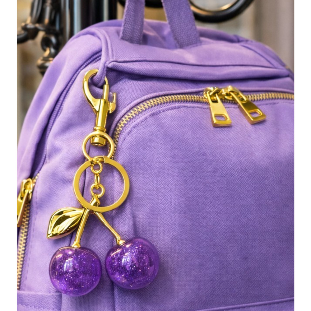Purple Cherry Keychain Bag‎ Charm Gold Tone Resin Lobster Clasp Cute Fun New
